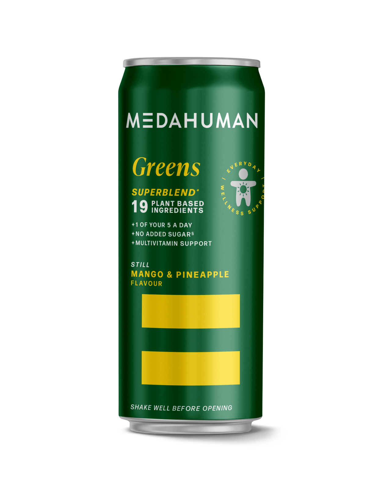Green can of Medahuman Greens on a white background